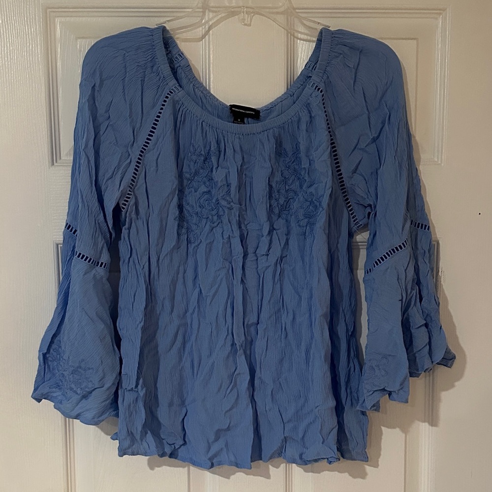 INC International Concepts Blue Blouse with Embroidered Details